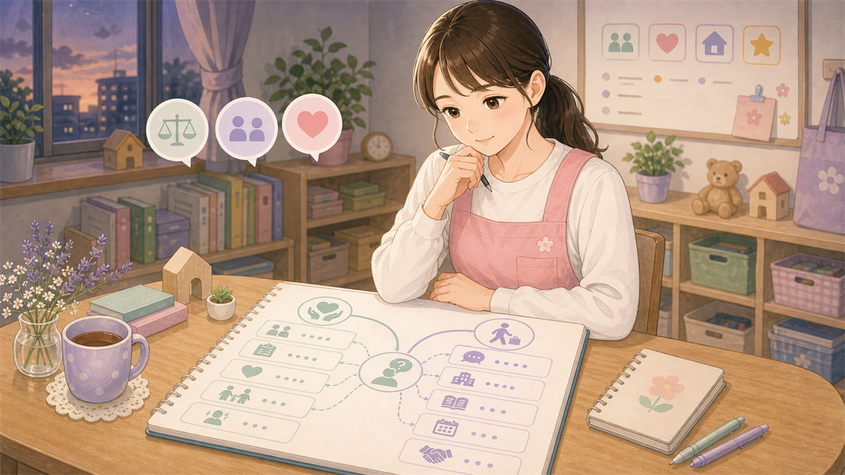 保育士を辞める前に考えることの内容を整理した保育士向けイラスト
